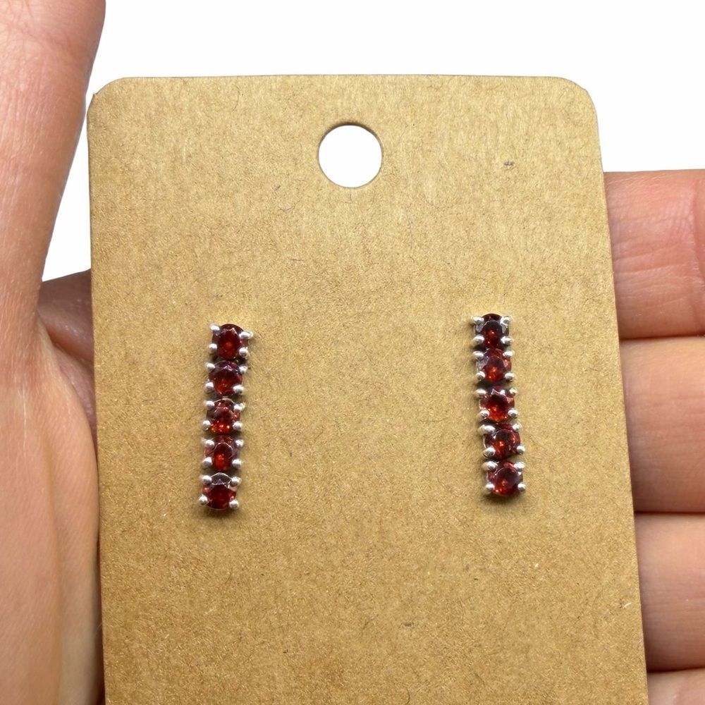 Garnet Earrings Solid 925 Sterling Silver Stud Post Back Multi Stone - Picture 3 of 4